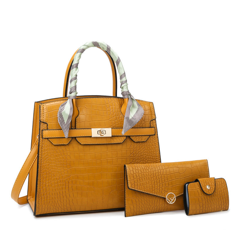 ELOAL Elegant Three-Piece Crocodile Bag Set with Scarf for Moms