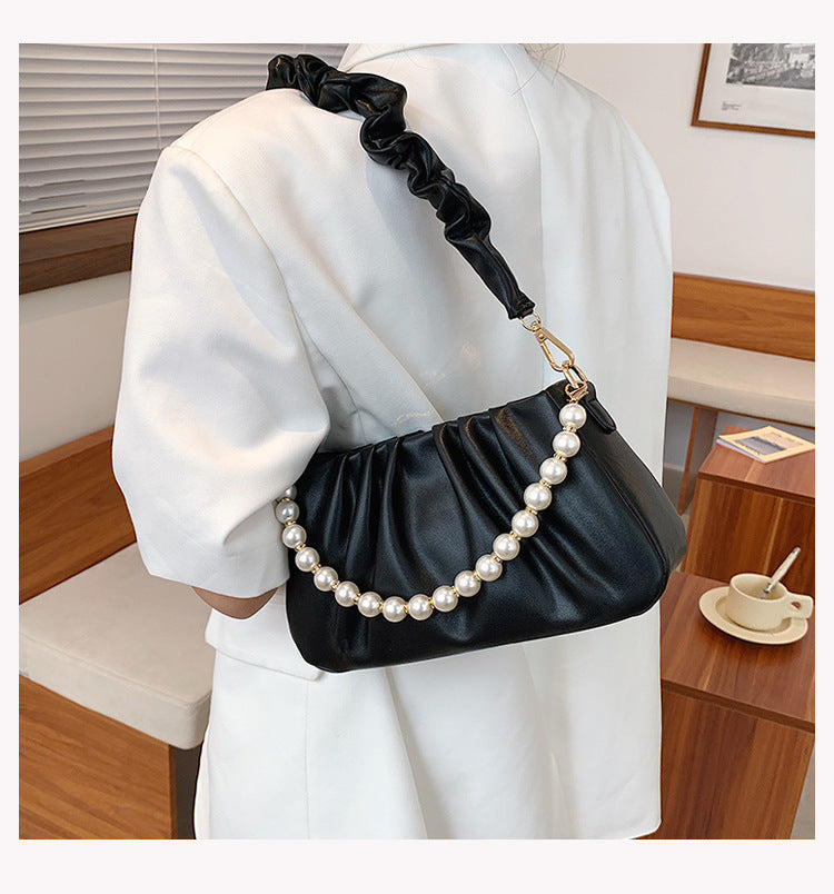 ELOAL Stylish Wrinkled Cloud Bag with Pearl Chain Strap