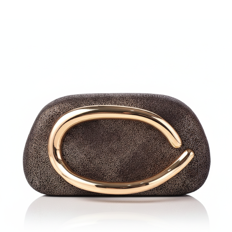 ELOAL Stylish Sculptural Gold Handle Clutch Bag
