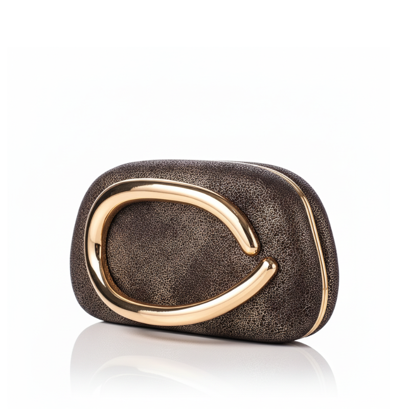 ELOAL Stylish Sculptural Gold Handle Clutch Bag