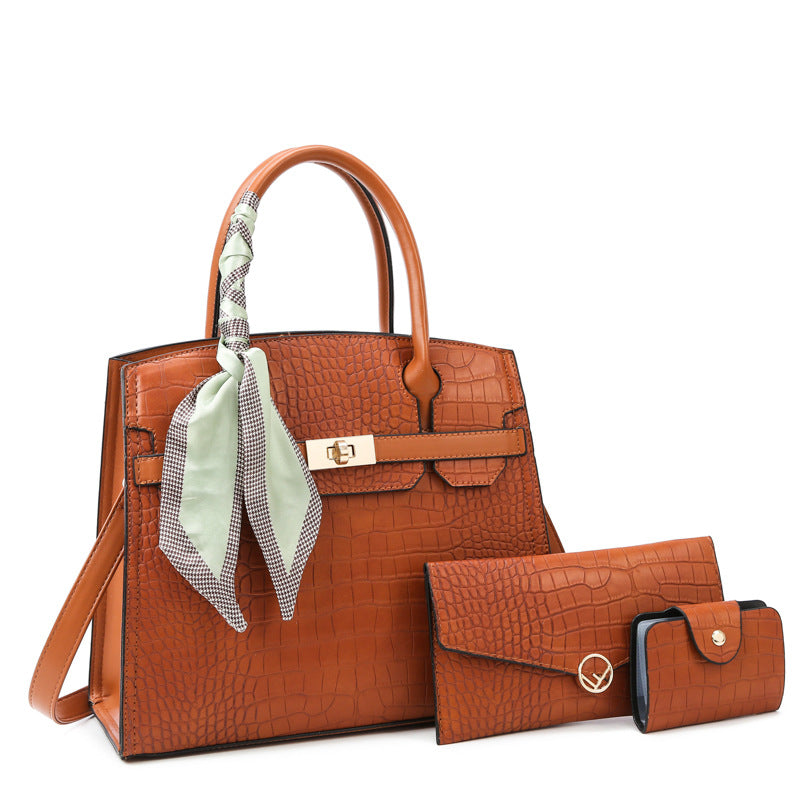 ELOAL Elegant Three-Piece Crocodile Bag Set with Scarf for Moms