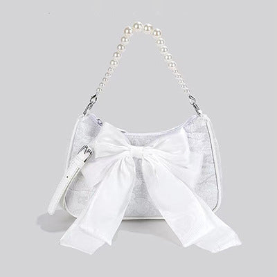 ELOAL Elegant Bow Shoulder Canvas Bag with Pearl Strap Design