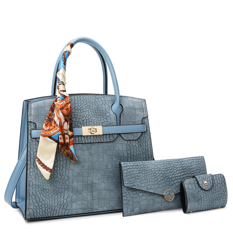 ELOAL Elegant Three-Piece Crocodile Bag Set with Scarf for Moms