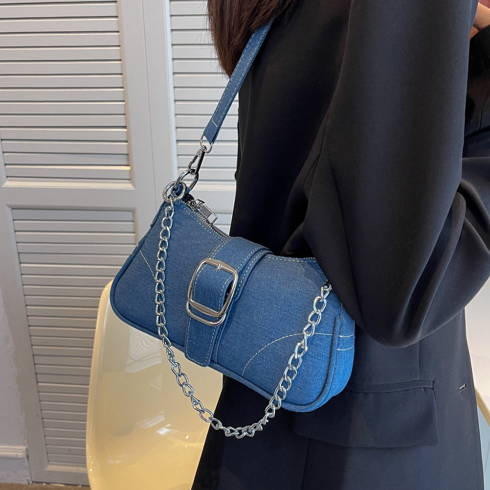 ELOAL Stylish Denim Chain Shoulder Baguette Bag