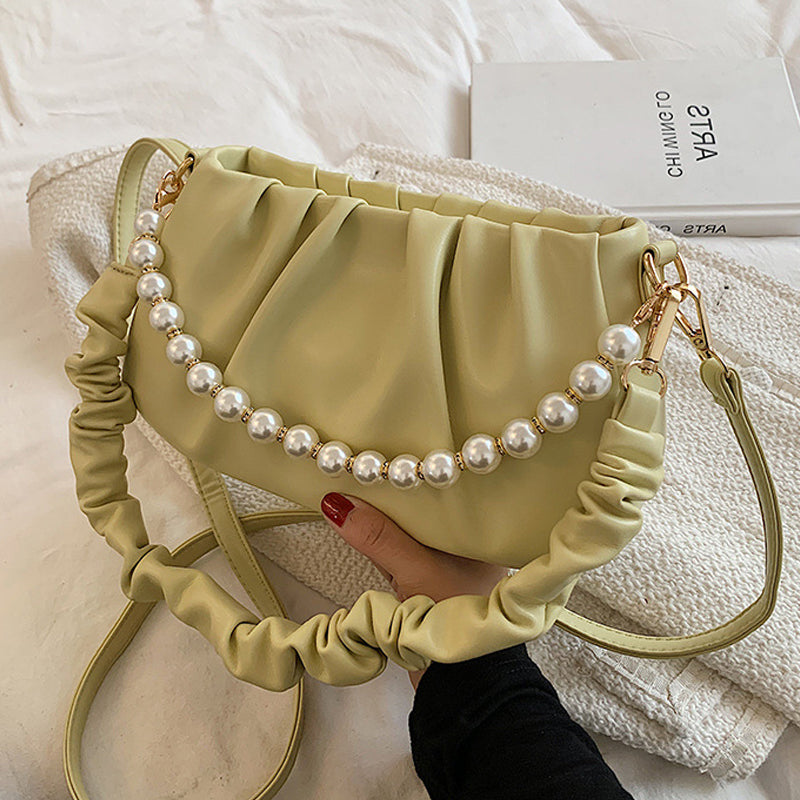 ELOAL Stylish Wrinkled Cloud Bag with Pearl Chain Strap