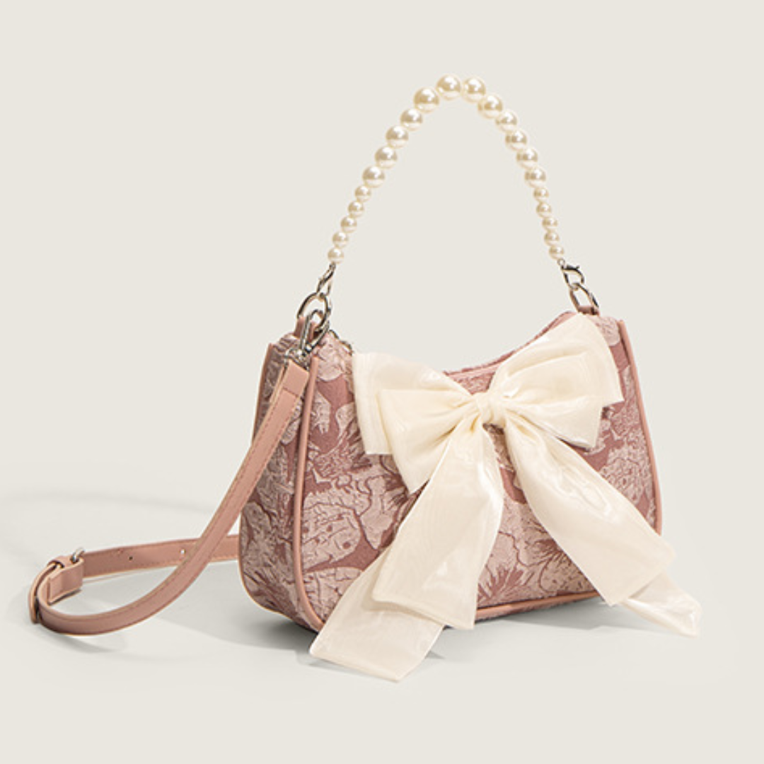 ELOAL Elegant Bow Shoulder Canvas Bag with Pearl Strap Design