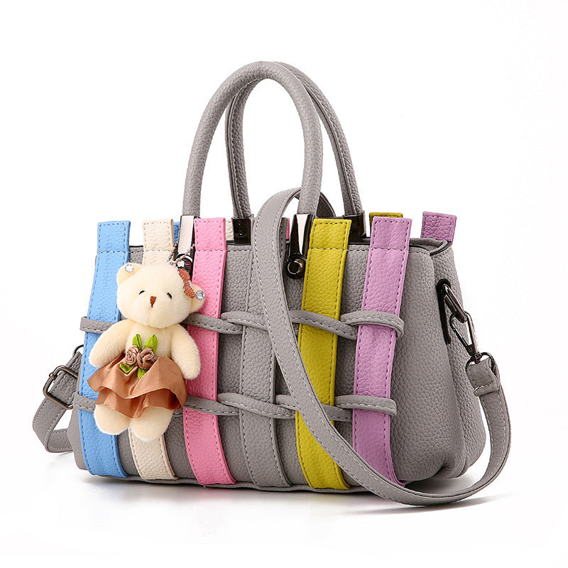 ELOAL Stylish Woven Handbag with Bear Pendant
