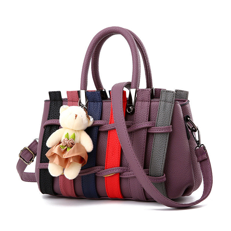 ELOAL Stylish Woven Handbag with Bear Pendant