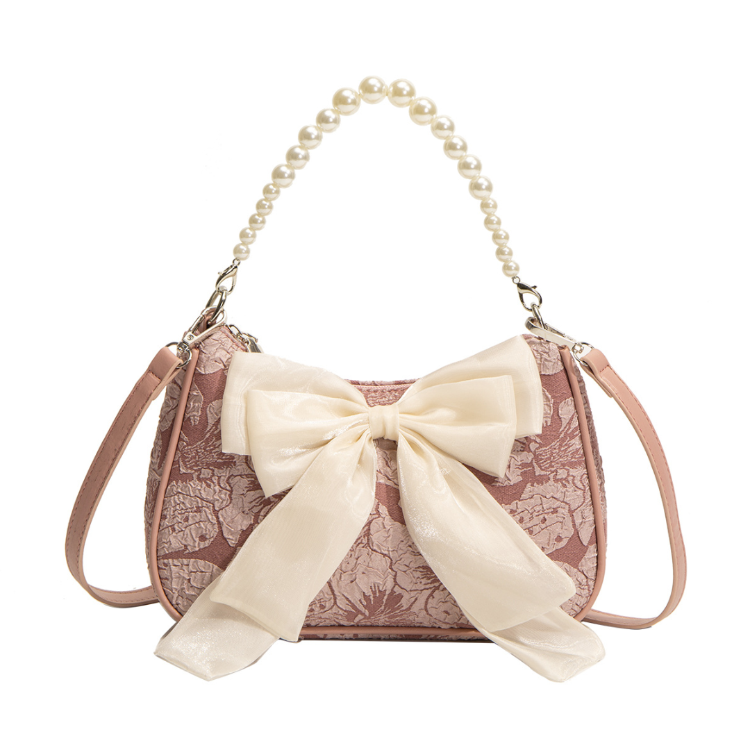 ELOAL Elegant Bow Shoulder Canvas Bag with Pearl Strap Design