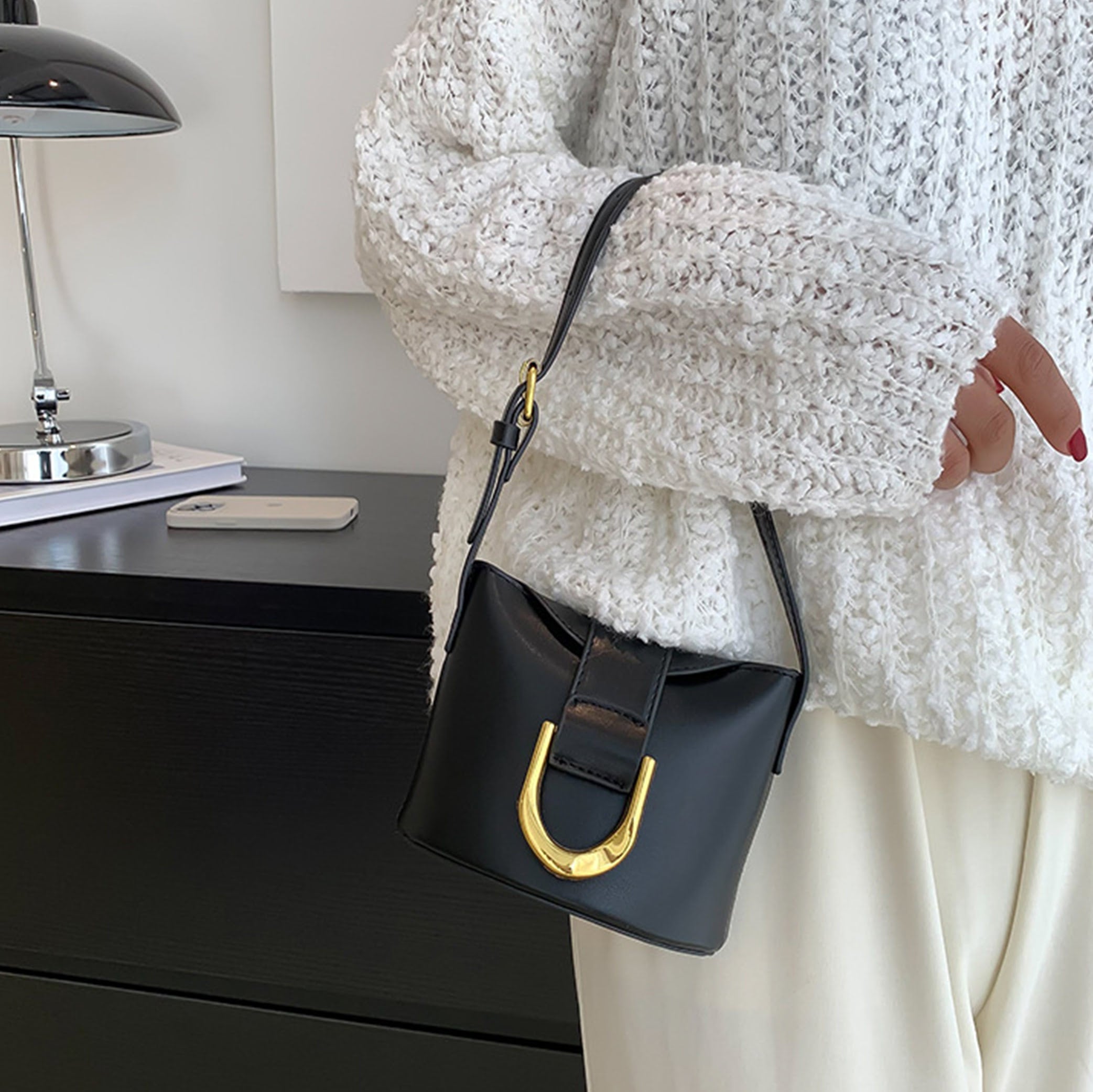 ELOAL Stylish Mini Bucket Bag with Metal Horseshoe Buckle