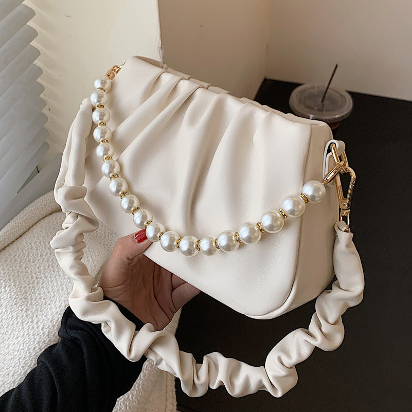 ELOAL Stylish Wrinkled Cloud Bag with Pearl Chain Strap
