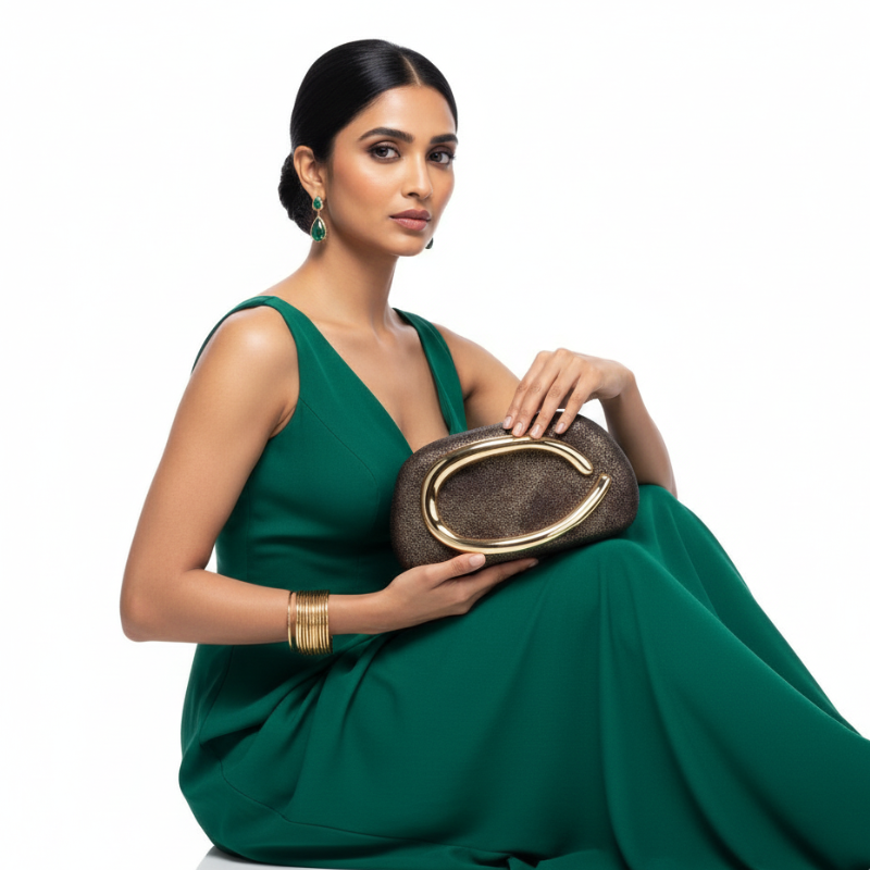 ELOAL Stylish Sculptural Gold Handle Clutch Bag