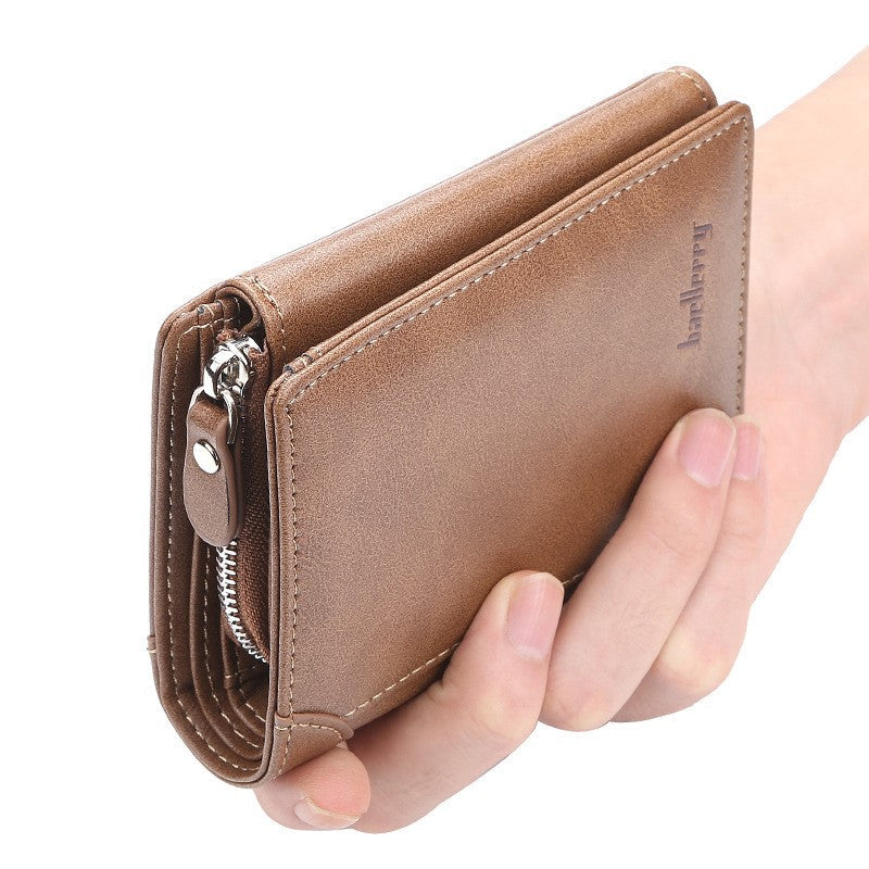 ELOAL Stylish Men's Tri-Fold Leather Wallet with Zipper and Card Slots