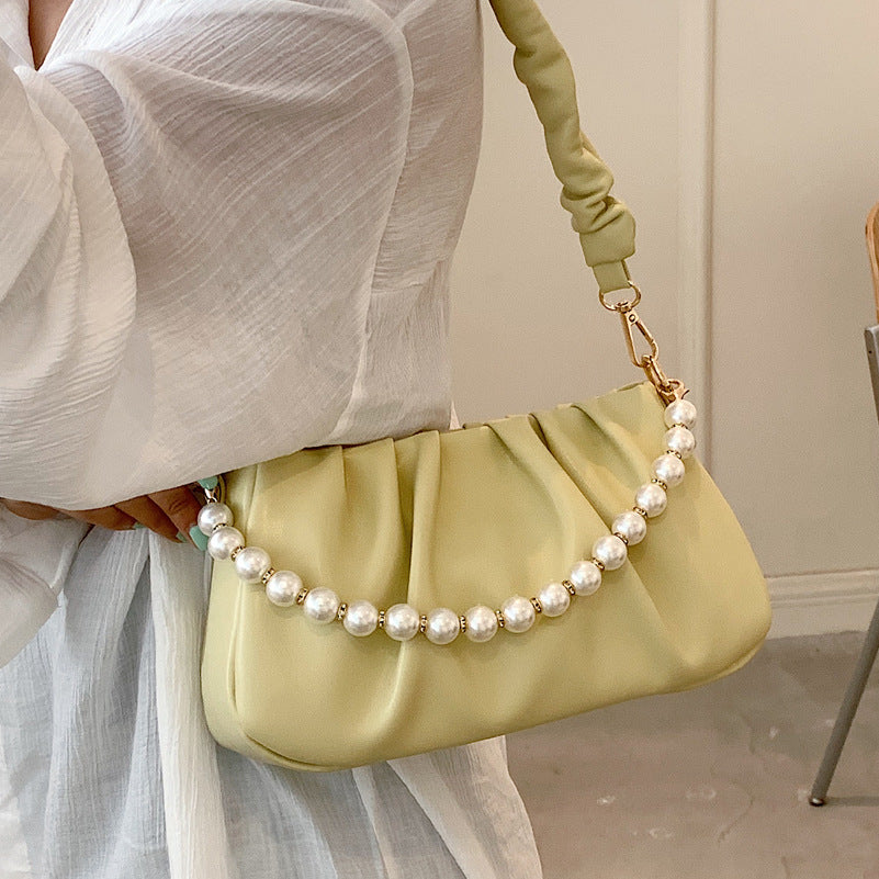 ELOAL Stylish Wrinkled Cloud Bag with Pearl Chain Strap