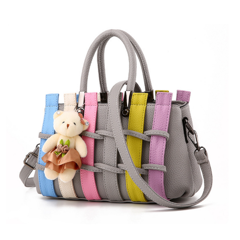 ELOAL Stylish Woven Handbag with Bear Pendant