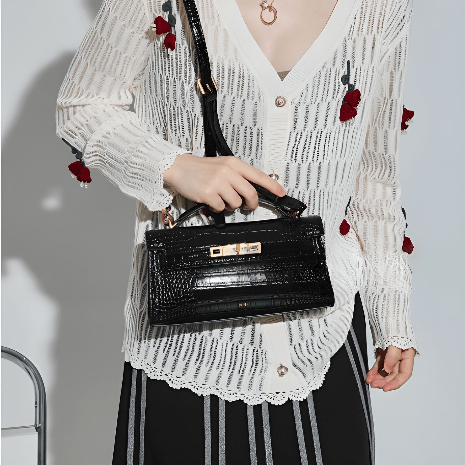 ELOAL Elegant Crocodile Pattern Leather Kelly Handbag