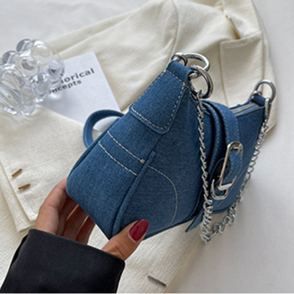 ELOAL Stylish Denim Chain Shoulder Baguette Bag